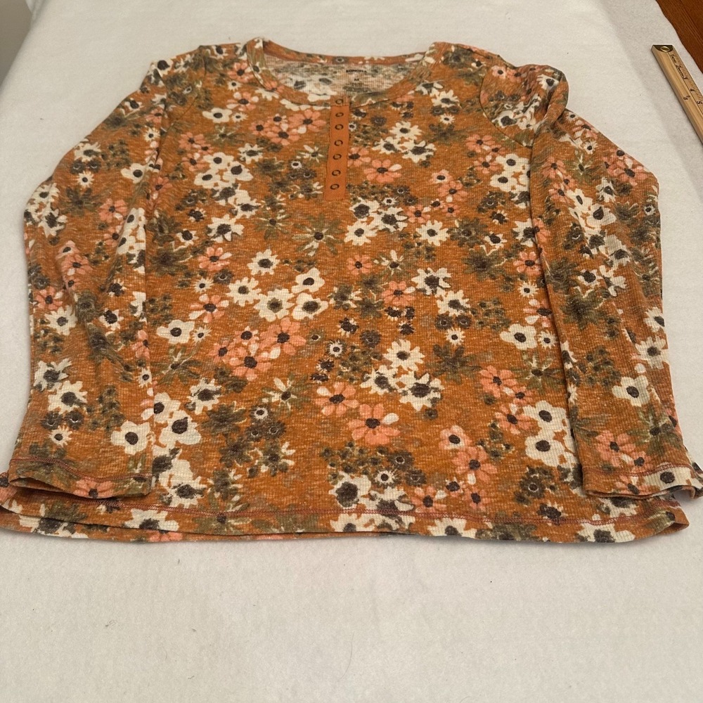 Sonoma Goods for Life Womens Floral Henley Top Size M Orange Boho Casual Vibrant